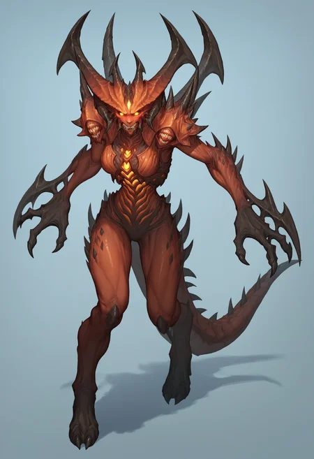 score_9, score_8_up, score_7_up, score_6_up, score_5_up, score_4_up, 1girl, <lora:DiabloD3:0.75> solo, large breasts, monster, horns, claws, tail, teeth, sharp teeth, spikes, yellow eyes, glowing, glowing eyes, full body, blush, embarrassed, from front, high heels,
light blue background, simple background,