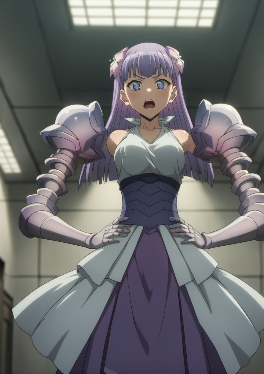 1girl, long hair, purple hair, amputee, hair ornament, mechanical arms, hands on waist, breasts, purple eyes, open mouth, floating, standing, full bodo, cowboy shot, indoors, factory <lora:Lia:1>, score_9, score_8_up, score_7_up, score_6_up, score_5_up, score_4_up, BREAK source_anime, masterpiece