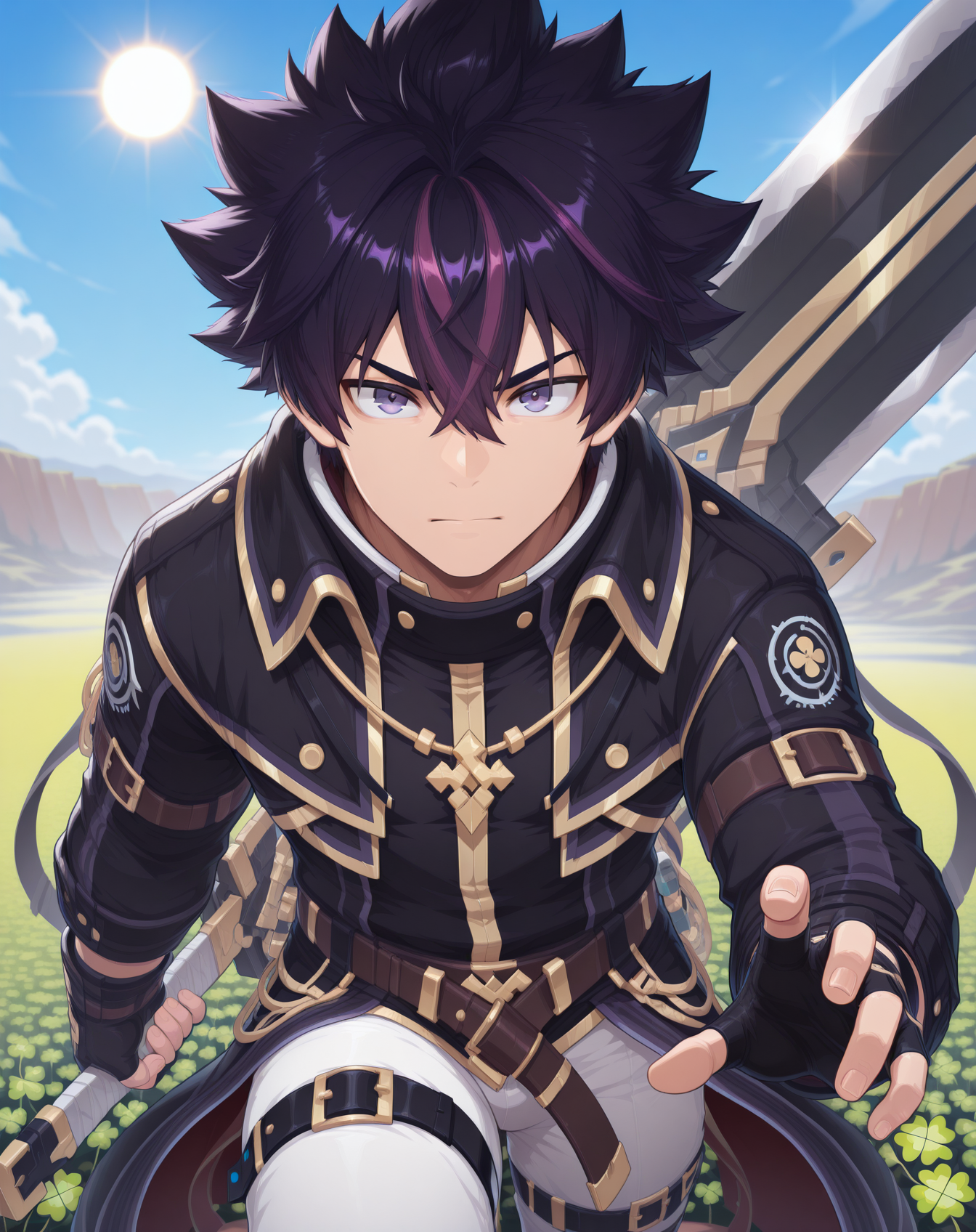 masterpiece, amazing quality, best quality, absurdres, very aesthetic,
1boy, solo, yaoi, male focus, cowboy shot, upper body, looking at viewer, face focus,
<lora:Sieghart_Old_Limit_Break_ilxl:1> siegolb, spiked hair, black hair, greyeyes, short hair, purple hair, multicolored hair, hair between eyes,
fingerless gloves, black coat, black gloves, high collar, gold trim, jacket, white pants, boots, leg belt, thigh strap,
jewelry, necklace,clover, fingernails,
holding weapon, holding sword, huge weapon,
outdoors, day, blue sky, sun,