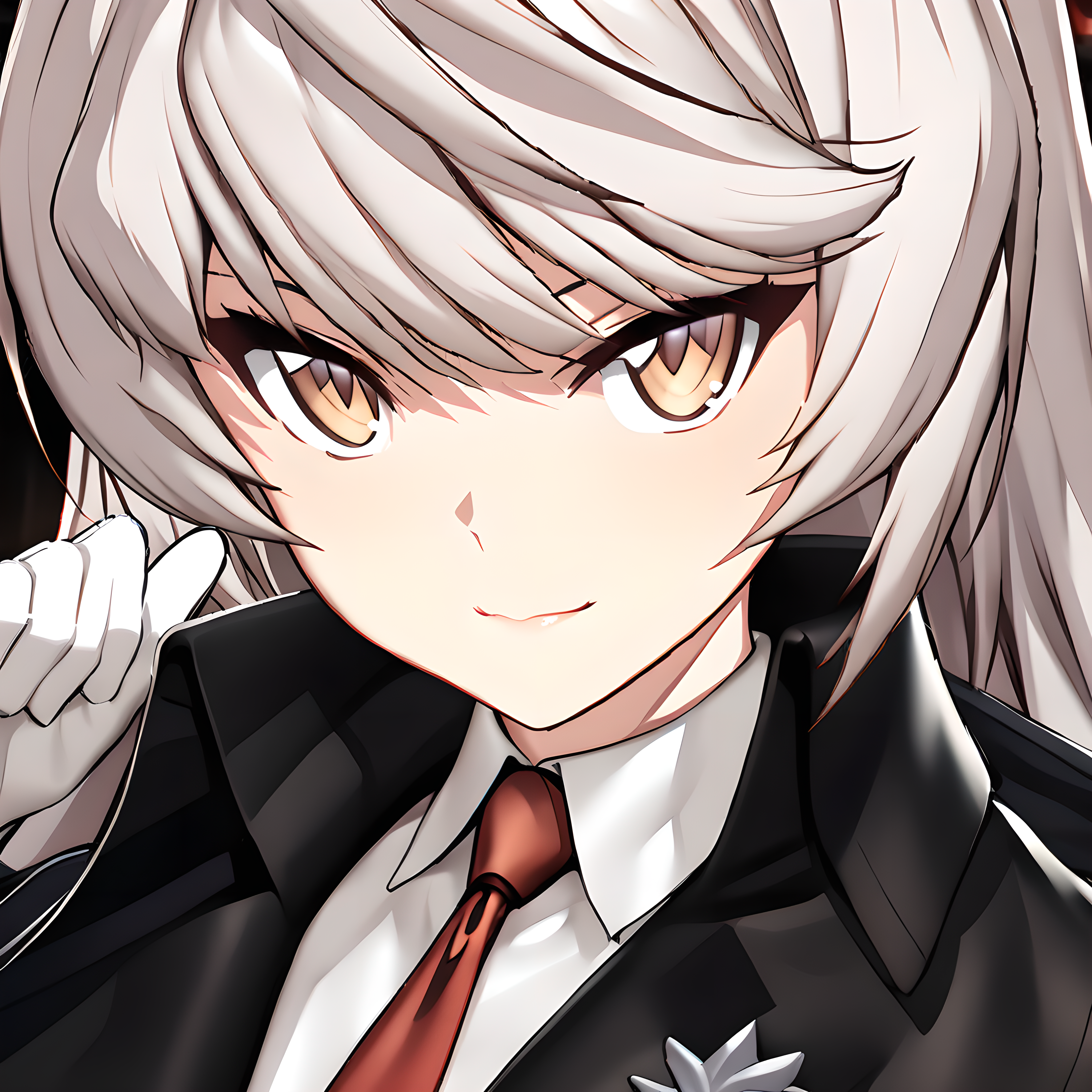 (masterpiece),(best quality),(ultra-detailed),(best illustration),(best shadow),(absurdres),(detailed background),(very aesthetic),hilde, 1girl, solo, gloves, necktie, red necktie, white gloves, looking at viewer, long hair, close-up, closed mouth, smiling, <lora:Hilde_-_CounterSide_SDXL_Animagine_XL_3.1:1>