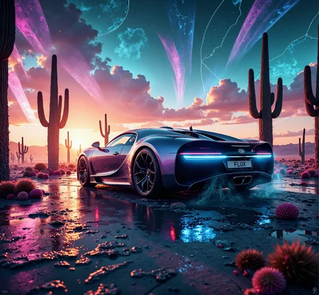 Epic Gaming Poster with text":Bugatti", Bugatti W16 Mistral driving through a futuristic desert with holographic cacti and a neon-lit sky, blending past and future aesthetics, ultra-realistic yet surreal, numberplate reads FLUX, , detailmaximizer, gold frame, secretlab