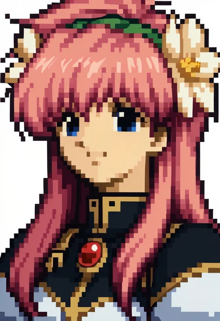 score_9, score_8_up, score_7_up, source_anime, 1girl, solo, smile,
<lora:zs_FE4PortraitsXL:1> fe4portraits, portrait, pixel art, white background
ga_milfeulle, (1990s\(style)\:0.7), cowboy shot, military uniform, brooch, long sleeves, pink hair, bangs, hair flower, hairband, long hair, blue eyes