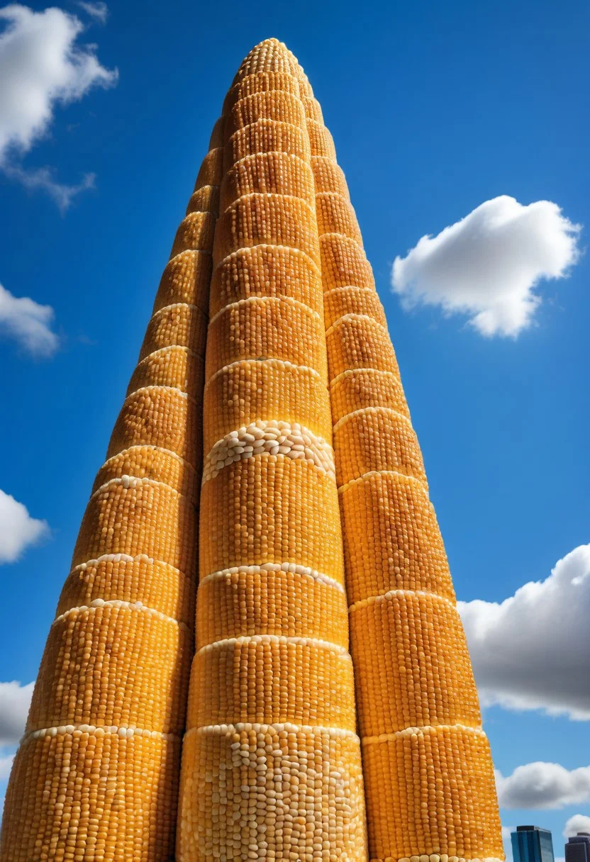 photo of a giant skyscaper made out of Jed-CornK corn kernels under blue sky