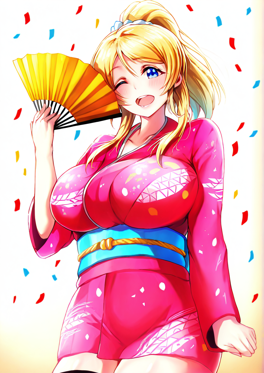 <lora:Dot:1.4>,1girl, huge breasts, 2016, angelic angel, blonde hair, blue eyes, confetti, cowboy shot, folding fan, hand fan, hand up, happy new year, japanese clothes, kimono, long hair, looking at viewer, nengajou, new year, obi, one eye closed, open mouth, sash, smile, solo, teeth, thighhighs, zettai ryouiki,  ayase eli,