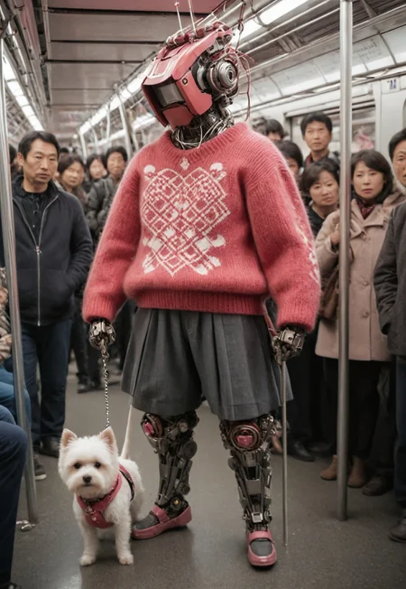 Close-up shot of a futuristic Japanese samurai robot in a casual knitted red sweater with implemented intricate mechanical parts and wires resembling a pink heart print, leads a small dog on a leash, standing in a crowded subway, holding onto a pole. The photo has a slightly faded, retro look. Other passengers are staring at the robot in amazement.