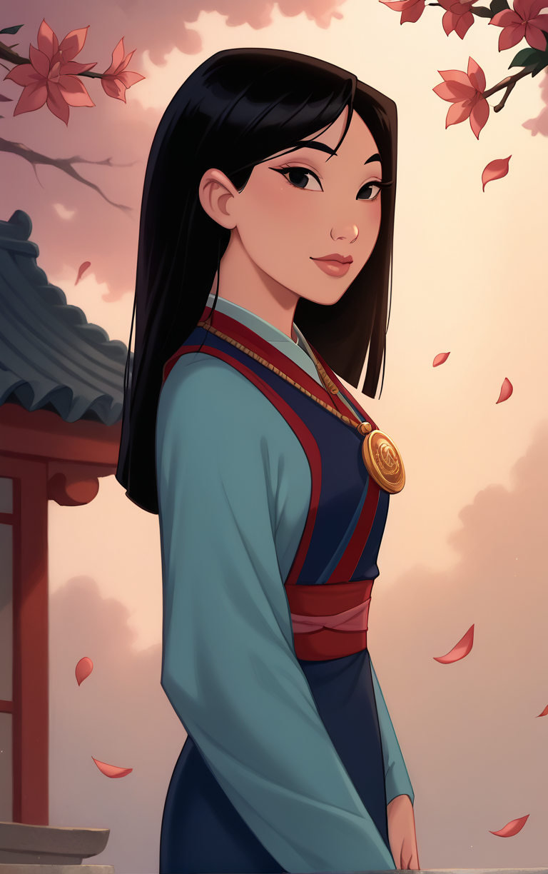 score_9, score_8_up, score_7_up, looking at viewer,  BREAK
BlueDressMedal_Fa_Mulan_ownwaifu, 
1girl, black hair, black eyes, long hair, lips, medal, 
long sleeves, jewelry, necklace, dress, korean clothes, sash, kimono,
(contrapposto, from side, looking down, cowboy shot), falling petals, red petals, simple background, bokeh,  <lora:PONYXL_Fa_Mulan_Movie_ownwaifu:0.85>, solo,