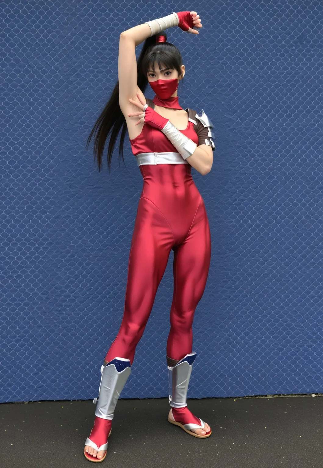 score_9, score_7_up, source_anime, detailed background,
(full body, medium shot:1.4), 1girl, taki, long hair, ponytail, black hair, black eyes, make up, red bodysuit, fingerless gloves, arm guards, shoulder armor, red ninja mask, red mouth mask, ninja tabi,
<lora:SpreadArmpitV4-18:1>, spread armpit, arm up, armpit, lay hand on own armpit,
embarrassed,
