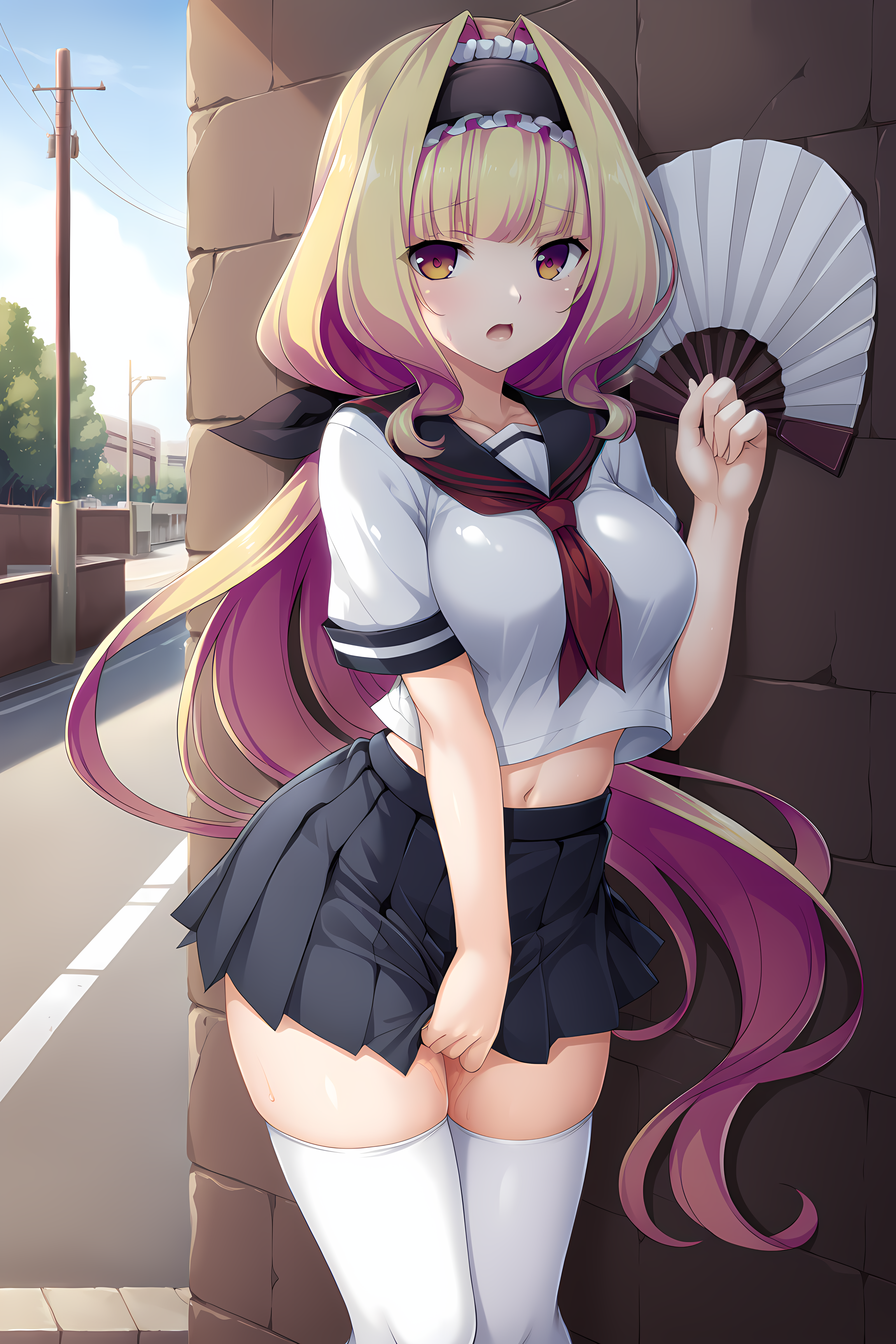 EXA-eyes,EXbackground,EXA,open mouth,azarin,1girl,long hair,large breasts,blonde hair,orange eyes,schooluni,hairband,multicolored hair,very long hair,white thighhighs,skirt,bow,serafuku,hair bow,breasts,zettai ryouiki,pleated skirt,sweat,fanning self,hand fan,hot,summer,against wall,leaning to the side,exhausted,sleepy,body blush,blush,
BREAK <lora:EXS-TIA_MagicaAzarin_-_Lusterise:1>,from front,scenery,simple background,street,lamppost,, score_9, score_8_up, score_7_up,source_anime,(masterpiece),(best quality),(ultra-detailed),(best illustration),(best shadow),(absurdres),(detailed background),(very aesthetic),source_anime