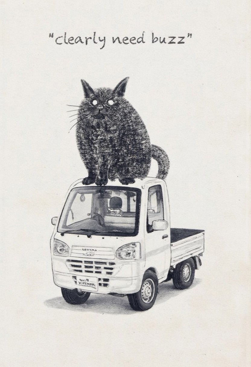 the text "clearly need buzz" on  the top. 
tokugawa style ink painting
a cute black cat is on a hood of a white Keitora car.