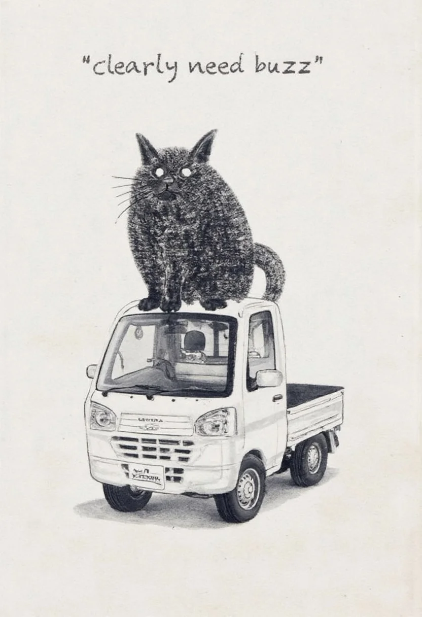 the text "clearly need buzz" on the top.
tokugawa style ink painting
a cute black cat is on a hood of a white Keitora car.