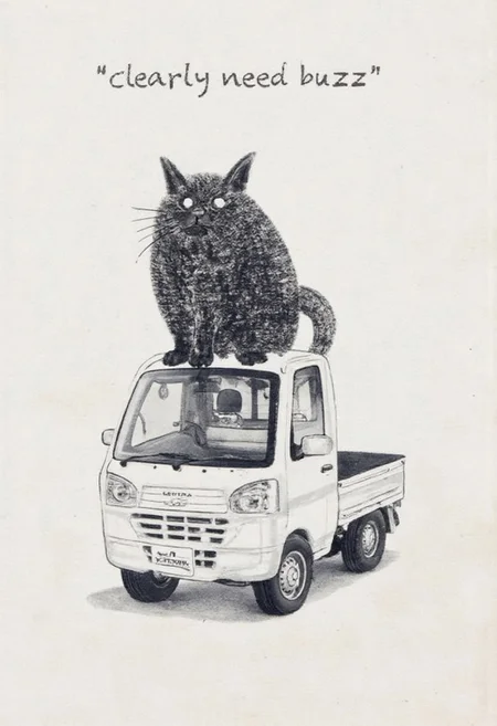 the text "clearly need buzz" on the top.
tokugawa style ink painting
a cute black cat is on a hood of a white Keitora car.