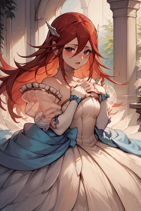 score_9, score_8_up, score_7_up, score_6_up, source_anime BREAK 1girl, solo, <lora:fecordelia-pdxl-nvwls-v1-000005:1> bridCordelia, red hair, red eyes, wing hair ornament, wedding dress, strapless, bridal gauntlets, sitting, looking at you, hand on own chest, open mouth, blush