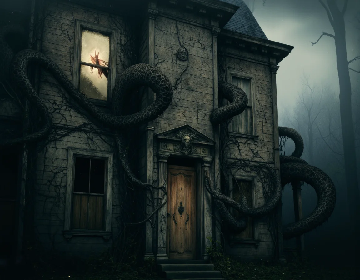 <lora:Oddart:0.8> oddart, A haunting, cinematic photograph depicting a decrepit, Victorian-style mansion standing alone in the heart of a dense, misty forest, with an eerie, ethereal glow emanating from within. The house's walls are covered in ivy and moss, with cracked, worn wooden siding and shattered windows, from which long, dark, slimy tentacles emerge, twisting and curling like living vines. The tentacles are thick and pulsing, with suckers that seem to be grasping for something, and they writhe and squirm like snakes, as if alive. The house's front door is old and rusted, with a heavy iron knocker in the shape of a lion's head, and the windows are boarded up, but the tentacles burst through the wooden slats, as if trying to escape. The forest surrounding the house is dark and foreboding, with twisted, gnarled trees that seem to lean in, as if listening, and the air is thick with mist and fog, which swirls around the house like a living entity. The lighting is dim and ominous, with an otherworldly, flickering glow that seems to emanate from within the house, casting long, ominous shadows across the forest floor. The shot is a wide-angle, with a low-angle perspective, looking up at the house, which looms above, like a monolith, emphasizing its towering, foreboding presence. The image features a shallow depth of field, with a soft, blurred background, and a hyper-detailed, textured rendering style, with visible wood grain, stone, and mist particles, which adds to the overall sense of realism and unease. The overall mood is one of creeping, existential dread, as if something ancient and malevolent lurks within the house, waiting to emerge. 8k highest resolution with sharp intricate details. Hyperrealistic, detailed, and vivid. . 35mm photograph, film, bokeh, professional, 4k, highly detailed