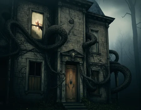 <lora:Oddart:0.8> oddart, A haunting, cinematic photograph depicting a decrepit, Victorian-style mansion standing alone in the heart of a dense, misty forest, with an eerie, ethereal glow emanating from within. The house's walls are covered in ivy and moss, with cracked, worn wooden siding and shattered windows, from which long, dark, slimy tentacles emerge, twisting and curling like living vines. The tentacles are thick and pulsing, with suckers that seem to be grasping for something, and they writhe and squirm like snakes, as if alive. The house's front door is old and rusted, with a heavy iron knocker in the shape of a lion's head, and the windows are boarded up, but the tentacles burst through the wooden slats, as if trying to escape. The forest surrounding the house is dark and foreboding, with twisted, gnarled trees that seem to lean in, as if listening, and the air is thick with mist and fog, which swirls around the house like a living entity. The lighting is dim and ominous, with an otherworldly, flickering glow that seems to emanate from within the house, casting long, ominous shadows across the forest floor. The shot is a wide-angle, with a low-angle perspective, looking up at the house, which looms above, like a monolith, emphasizing its towering, foreboding presence. The image features a shallow depth of field, with a soft, blurred background, and a hyper-detailed, textured rendering style, with visible wood grain, stone, and mist particles, which adds to the overall sense of realism and unease. The overall mood is one of creeping, existential dread, as if something ancient and malevolent lurks within the house, waiting to emerge. 8k highest resolution with sharp intricate details. Hyperrealistic, detailed, and vivid. . 35mm photograph, film, bokeh, professional, 4k, highly detailed