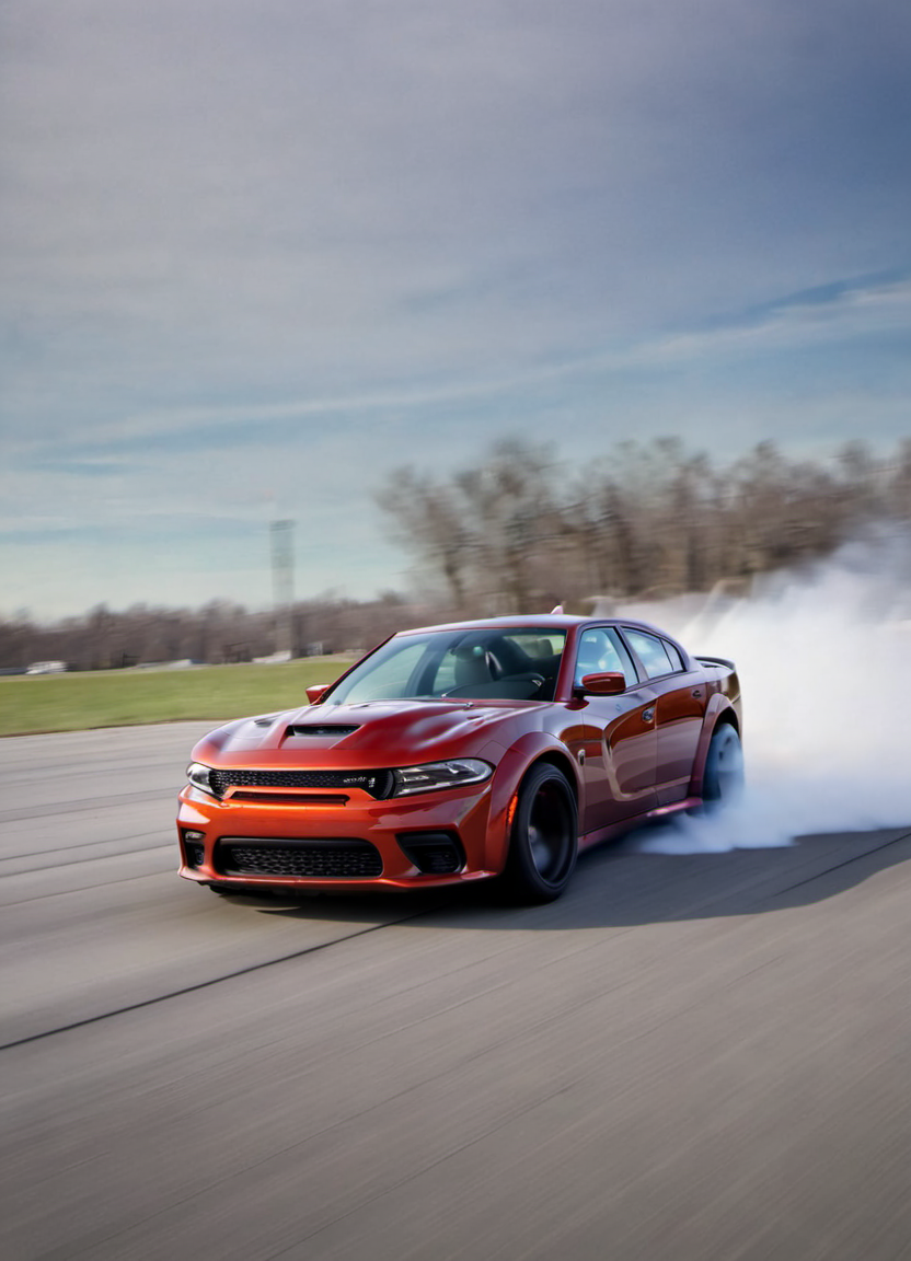 red chargerhellcatsrt seen from a very low angle, driving, in motion, tire smoke, motion blur, dramatic,
 <lora:ChargerHellcatSDXL:1>