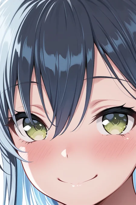 masterpiece, best quality, amazing quality,
<lora:Tae_IL:1> tae, 1girl, solo, green eyes, smile, white background, blush, looking at viewer, portrait, simple background, closed mouth, long hair, bangs, black hair, blue hair, hair between eyes, close-up