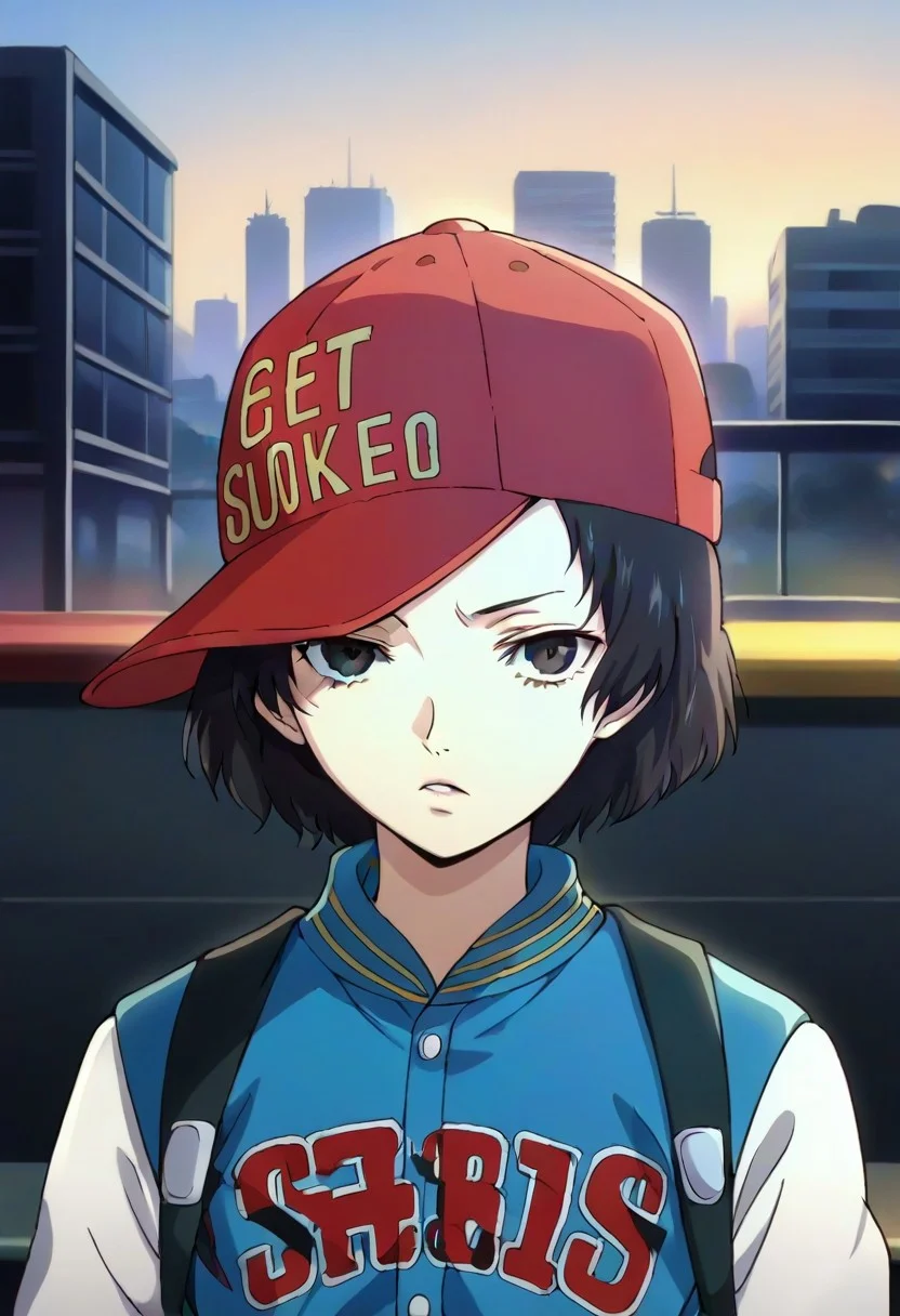 source_anime, highly detailed, shinya,, hat, solo, baseball cap, jacket, black hair, black eyes, short hair, upper body, letterman jacket, red headwear, outdoor, city, street,,,,,,,,,,,,,anime coloring, anime screencap, 1girl,Solo ,, anime,PUFFY nipple,, Uncensored ,Unedited ,,,,,,, ,,,