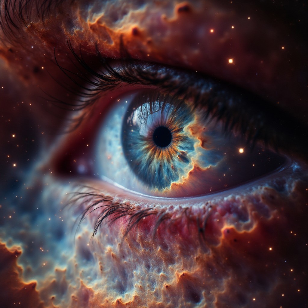 Macro closeup portrait of a woman, focus on eye, iris represented as a nebula with a small black hole in the middle, intricate details