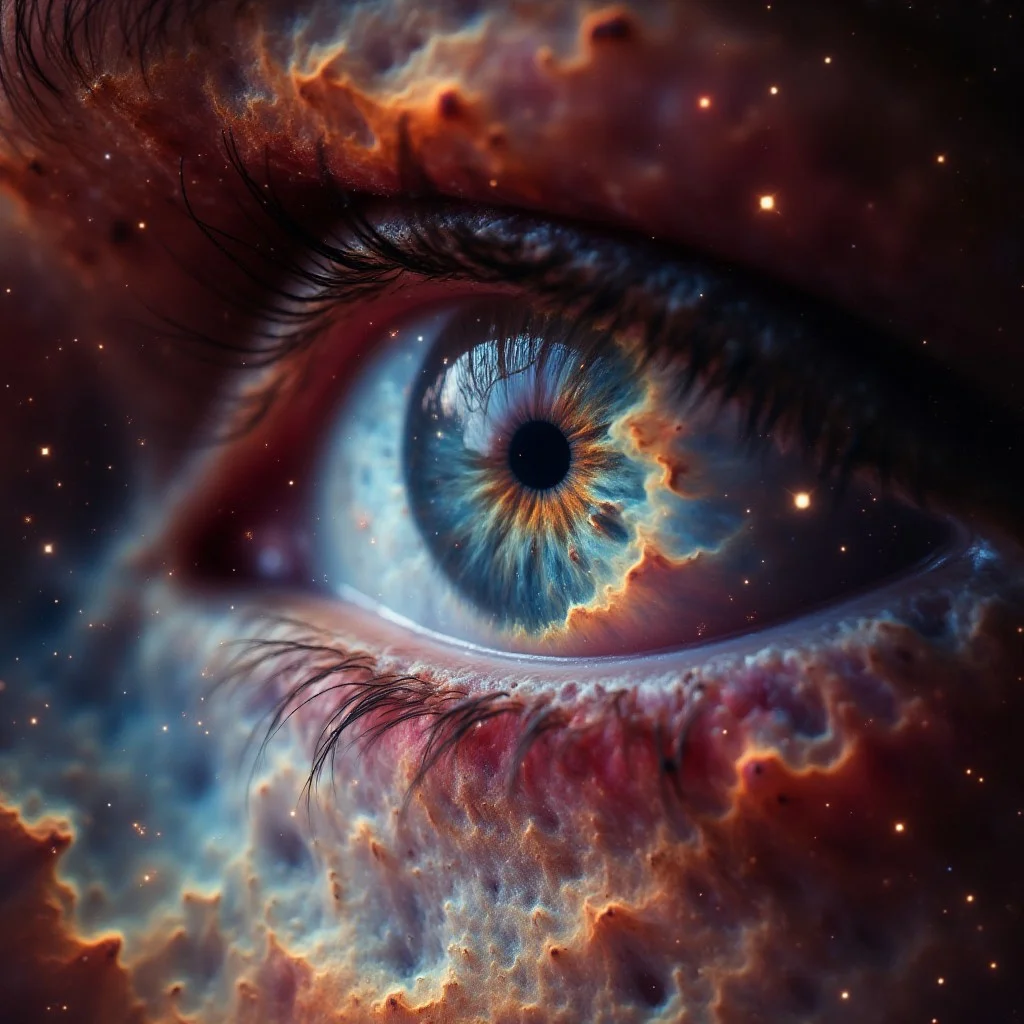 Macro closeup portrait of a woman, focus on eye, iris represented as a nebula with a small black hole in the middle, intricate details