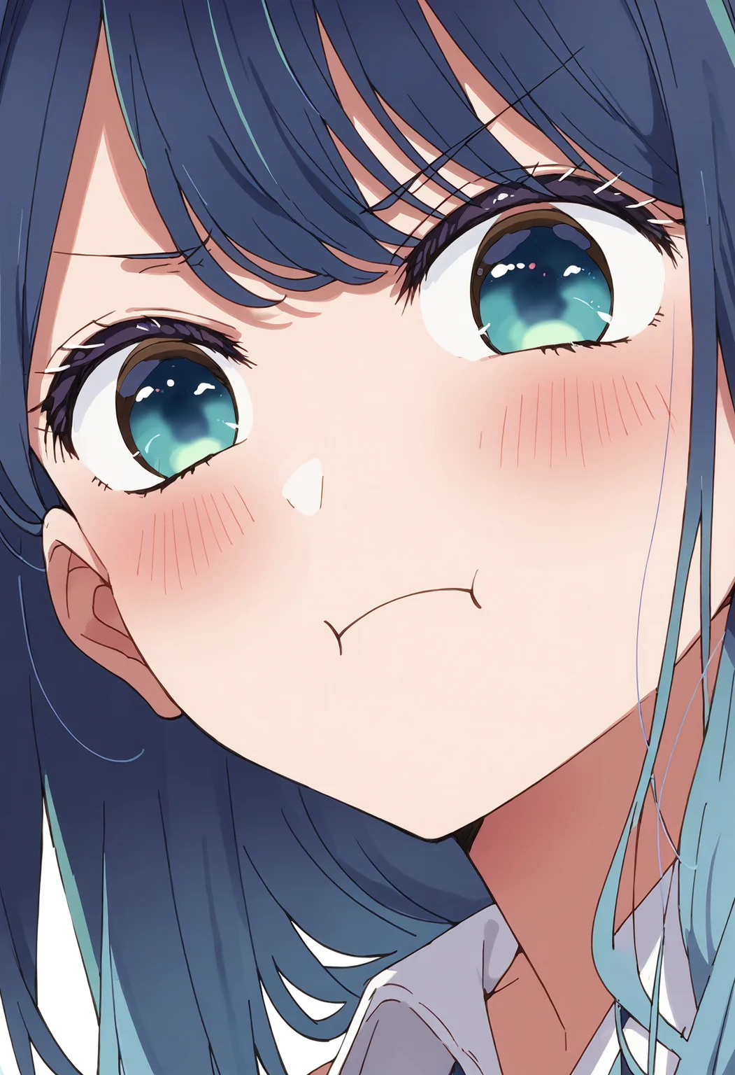 score_9, score_8_up, score_7_up, , score_ANIME, akanepupu, 1girl, pout, solo, close-up, blush, looking at viewer, gradient hair, portrait, bangs, closed mouth, blue hair, puffy cheeks, simple background, v-shaped eyebrows, white background, eye focus, long hair, aqua eyes<lora:kurokawaakane_pony2:1>