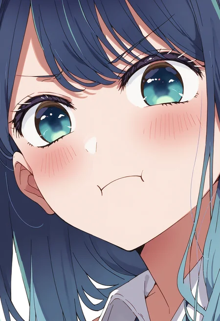 score_9, score_8_up, score_7_up, , score_ANIME, akanepupu, 1girl, pout, solo, close-up, blush, looking at viewer, gradient hair, portrait, bangs, closed mouth, blue hair, puffy cheeks, simple background, v-shaped eyebrows, white background, eye focus, long hair, aqua eyes<lora:kurokawaakane_pony2:1>