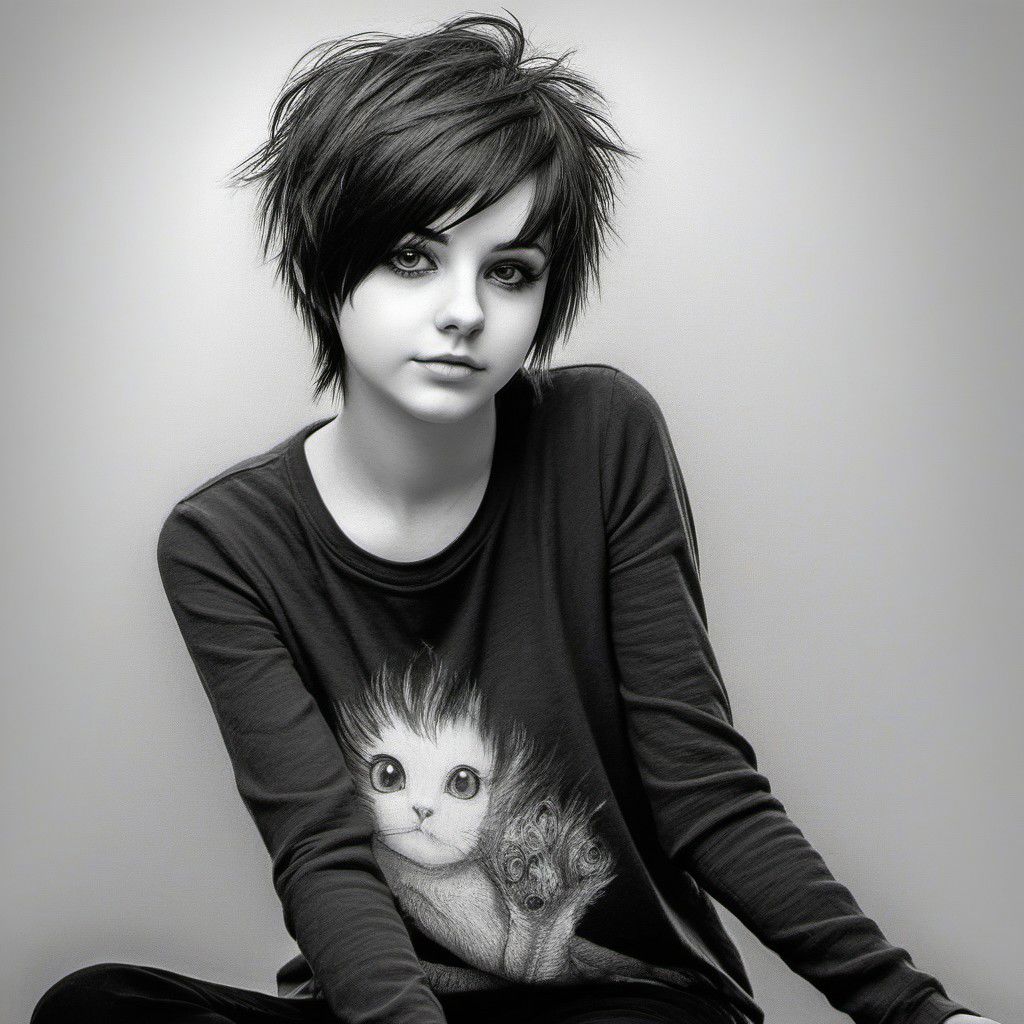 jp-j3a-1250, Beautiful girl, short messy emo-cut hair, pencil drawing, sitting