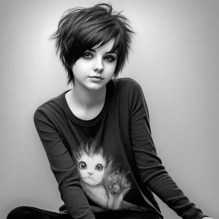 jp-j3a-1250, Beautiful girl, short messy emo-cut hair, pencil drawing, sitting
