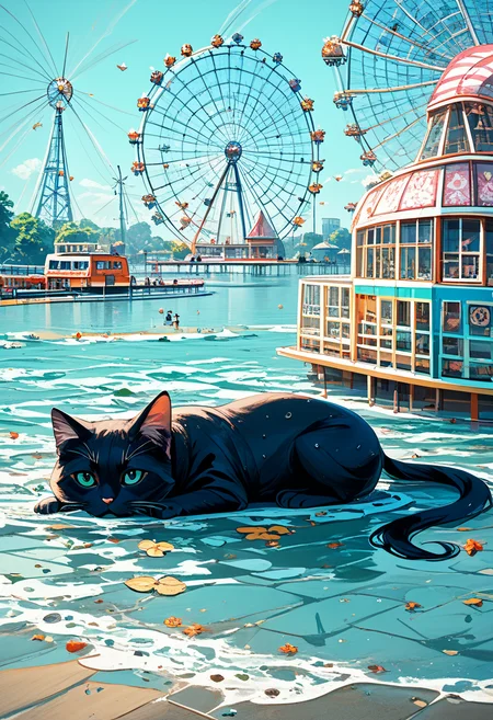 score_9, score_8_up, score_7_up, 1girl, solo, lying on puddle, soaked, black hair, long hair, cat, ferris wheel, best quality, masterpiece, amazing quality, best aesthetic, absurdres, (mjv3:1.5) <lora:mjv3_pony-2:1>