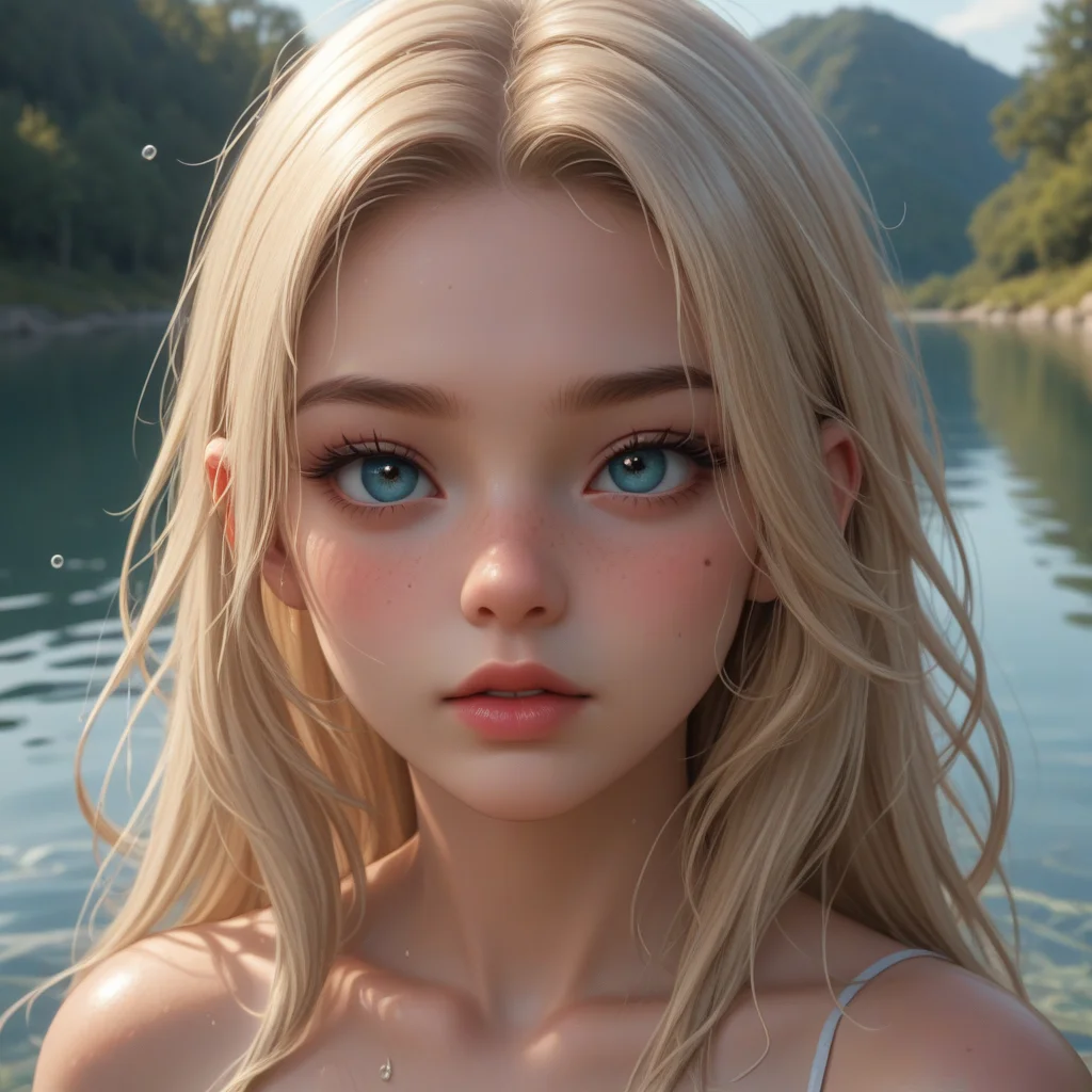 the camera is just inches above the blue waters of a lake, the focus is on the profile of a woman's face as she floats in the water. her eyes are closed her hair is blonde her lips are natural with no lipstick, droplets of water run along the contours of her face, the lighting creates a cinematic scene, she has highly detailed white skin with face freckles and a tasteful slightly smudged blue eyeshadow. water ripples around her