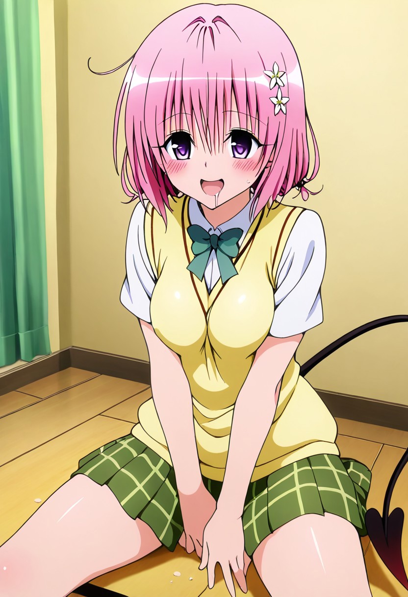 masterpiece, best quality, medium breasts, (curvy),    anime screenshot, to love-ru, to love-ru darkness, absurdres, highres, smile, naughty, 
momo deviluke, demon tail, hair flower, hair ornament, purple eyes, pink hair, short hair, tail,
momo velia deviluke, to love-ru, to love-ru darkness, screencap, highres, 10s, 1girl, blush, breasts, drooling, implied masturbation, medium breasts, open mouth, pink hair, purple eyes, saliva, school uniform, sexually suggestive, short hair