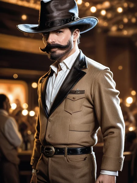 photo 1 uptight proud gunslinger older man, beard, moustache, frowning, looking at viewer, brown leather jacket rugged clothing and cowboy hat, leather cartridge belt, standing, belt buckle, curly, sideview, bar coffee shop, western movie parody, bpe-pro