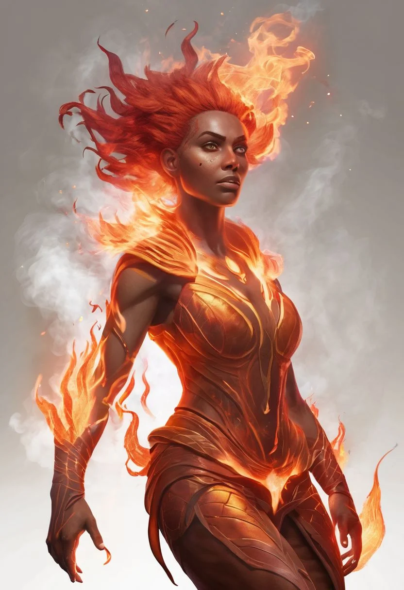 character design of a fantasy female fire efreet, flaming hair, brown red skin, red veins, dungeons and dragons, masterpiece, extremely detailed, volumetric lighting, excellent quality, award winning art, fine details, 4k resolution, fire element