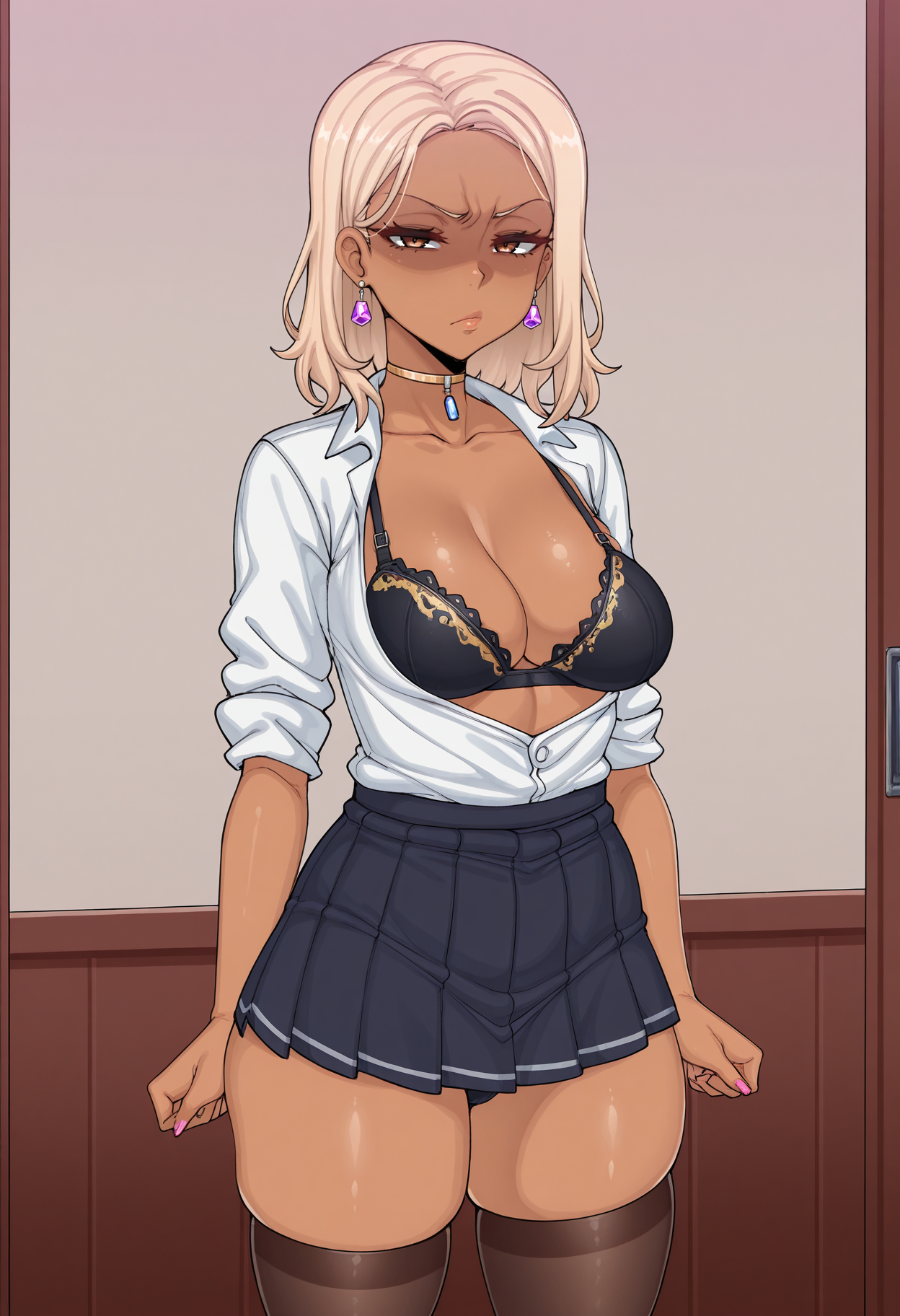 1girl, solo,standing, looking at viewer, disdain,blonde hair, medium hair, gyaru, medium breasts,school uniform, skindentation, cleavage, skirt, thighhighs, choker, earrings, sleeves rolled up, underwear, bra, masterpiece, best quality, uncensored,
 <lora:Asa_Blue_Bone:1> Blu3 B0n3,