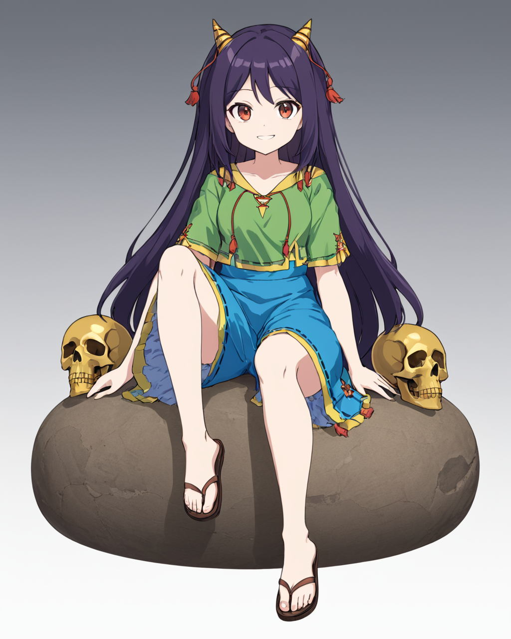 nippaku zanmu,1girl, solo, horns, sitting, smile, sandals, skull, white_background, simple_background, full_body
<lora:nippaku_zanmu_image235_2023-12-20:1>,star-shaped_pupils,symbol-shaped_pupils,. gorgeous,key visual, vibrant, studio anime,award-winning, professional, highly detailed,high budget, cinemascope