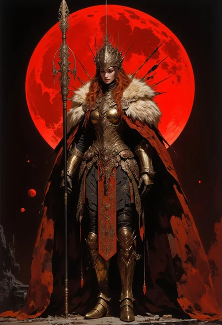 noble charachter, commander charachter, warmonger charachter, wearing shining plate armour, elven silver ornaments, standing upright, holdind a lance, lance is ornate and massive, wearing intricate diadem of elven kingdoms, winged hussar oufit, rich jewelry and gems, noble aura, background is a blood-red sunset and dark skyes, atmoshere of image is epic and deep, The style is ethereal and artistic, soft lighting and shadows, cinematic warm lighting, high elf, female, young, gorgeous, elf, girl, ginger hair, long hair, pale skin, cold gray eyes, cloak is a leopard skin and has fur texture, holds lance, the character is charismatic and fearsome, character is slim and agile warrior