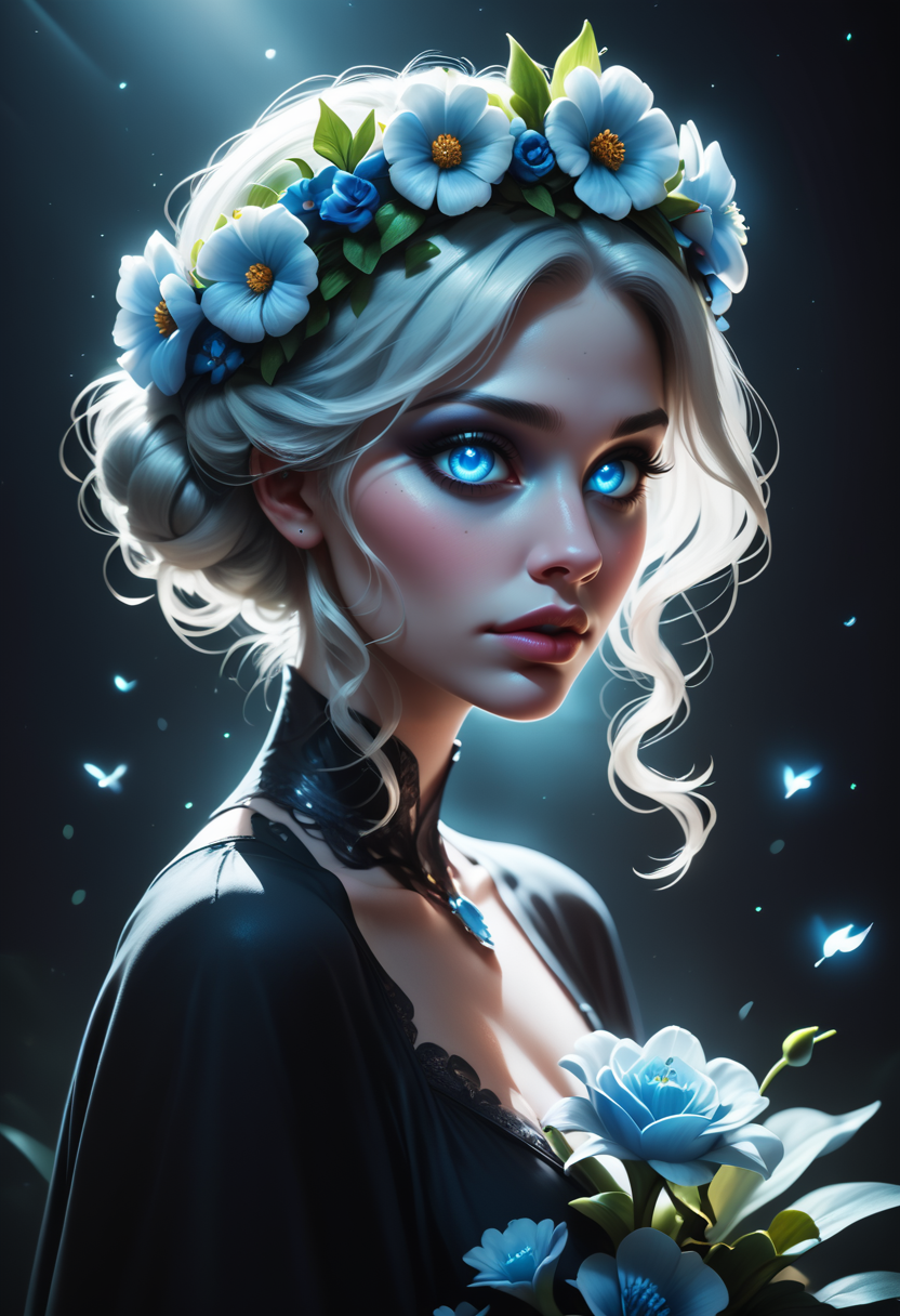 score_9, score_8_up, score_7_up, score_6_up, score_5_up, score_4_up, 1girl, flower crown, beautiful icy blue eyes, moonlight gardens, dark shadows, glowing in the dark,  bright colors, high contrast, dark background, vivid lighting, night garden