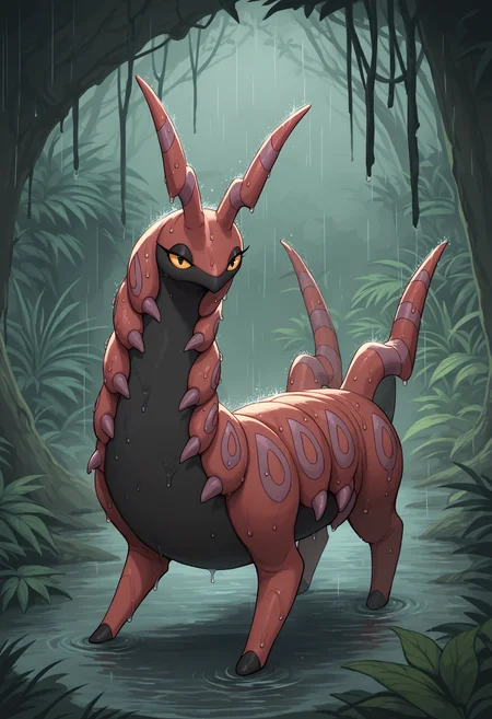 score_9, score_8_up, score_7_up, score_6_up, score_5_up, score_4_up, solo, no humans, <lora:Scolipede:0.85> 1girl, pokemon creature, colored skin, colored sclera, yellow sclera, yellow eyes, feral, full body, from side, raining, wet, looking at viewer,
rainforest, roots, trees, jungle background,