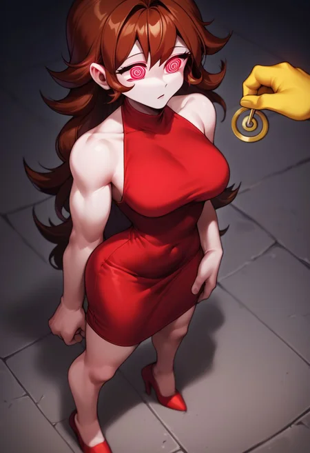 hypnosis, mind control, score_9, score_8_up, high quality, good details, amazing details, incredible shading, source_anime, solo focus, high angle shot, 
1 girl, (girlfriend \(friday night funkin'\), (white skin, brown hair, red dress, sleeveless dress, short dress, bare shoulders, red footwear, high heels), standing, slouching, wide-eyed, hypnotized (pendulum, white/red spirals, spiral eyes, swirly eyes, @_@, Spiral only eyes, spiralwash eyes)), 
1 male, (offscreen, hypno (pokemon, yellow skin, muscular, shirtless male))
