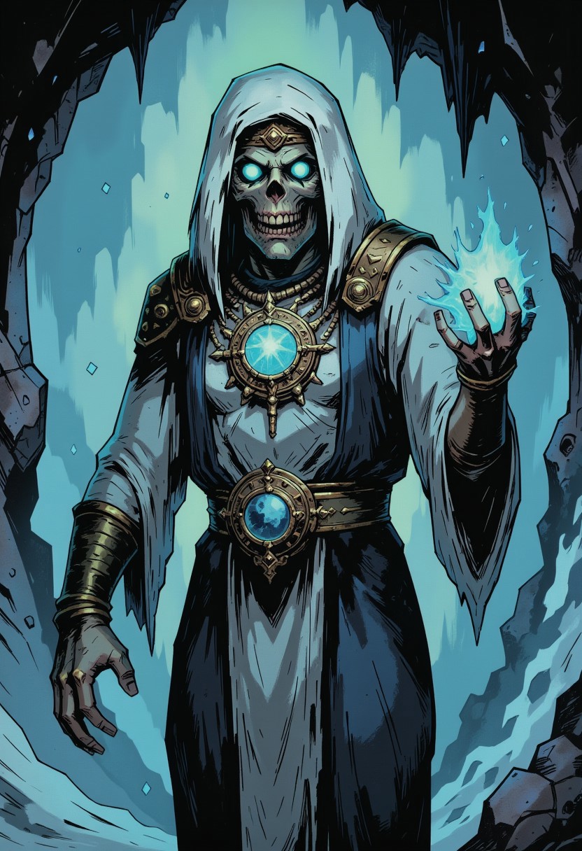 inked comic illustration in TTCSV1.0 artstyle that features A spectral and eerie figure dominates the image, shrouded in an ethereal aura of icy blues and luminous light. This skeletal sorcerer exudes an otherworldly presence, its form wrapped in tattered robes that ripple and dissolve into mist as though consumed by an eternal frost. The armor beneath the decayed fabric glimmers with a metallic sheen, its surface adorned with intricate patterns of arcane design. The centerpiece is a glowing amulet embedded in the chest, radiating a cold, bluish energy that pulses outward, casting shifting light across the surrounding haze. The skull of the figure is crowned with a jagged, ceremonial headpiece that appears ancient, its sharp edges illuminated by a spectral glow. The empty eye sockets blaze with an intense, piercing light, as if harboring the icy flames of undeath. Strands of energy coil around its bony hands, hinting at the destructive magic it commands. Each bone is finely detailed, with cracks and engravings suggesting the weight of time and dark enchantments. The background is a swirling abyss of frosty winds and glowing particles, rendered in deep, celestial blues that evoke a void-like expanse.