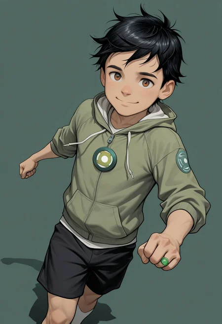 masterpiece, absurdres, high quality, perfect anatomy, 1boy, solo, cute boy, male focus, TaiPham, Black Hair, Green Lantern Ring, brown eyes, green jacket, hood, black shorts, big smile, cinematic, intricately detailed illustration, depth of field, masterpiece, best quality, amazing quality, very aesthetic, absurdres, newest, very awa,  shadow, dynamic angle, casual cosplay, dynamic pose, simple background, green theme, beitemian style
