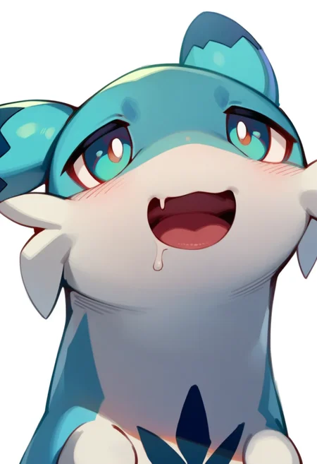 masterpiece,best quality,very aesthetic,absurdres,<lora:chillet_v2:1>, chillet, animal, no_humans, solo, drooling, blush, saliva, looking_up, white_background, pokemon_\(creature\), simple_background, open_mouth