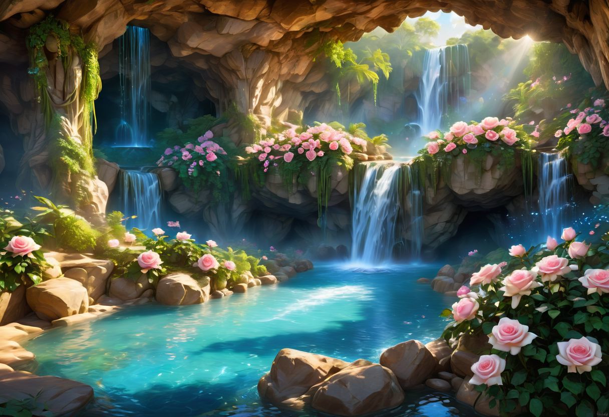 (award winning photo)of  a cave surrounded by gemstones in the distance you can see a water basin with a waterfall blue roses grow by the basin the light from the gemstones with which the wall is decorated falls on the water and casts shadows on the rose petals the atmosphere of the picture is magical and warm,(masterpiece, best quality),(sharp focus:1.2),(photorealistic),(intricate details),unity 8k wallpaper,ultra detailed,glow particle, ultra detailed face,ultra detailed eyes