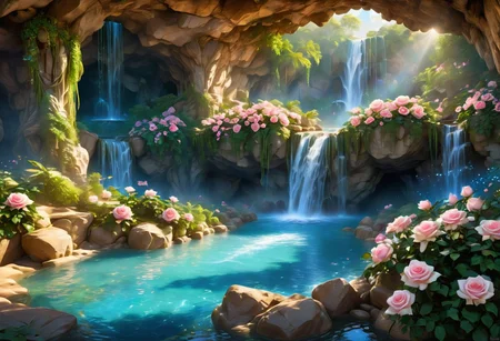 (award winning photo)of  a cave surrounded by gemstones in the distance you can see a water basin with a waterfall blue roses grow by the basin the light from the gemstones with which the wall is decorated falls on the water and casts shadows on the rose petals the atmosphere of the picture is magical and warm,(masterpiece, best quality),(sharp focus:1.2),(photorealistic),(intricate details),unity 8k wallpaper,ultra detailed,glow particle, ultra detailed face,ultra detailed eyes