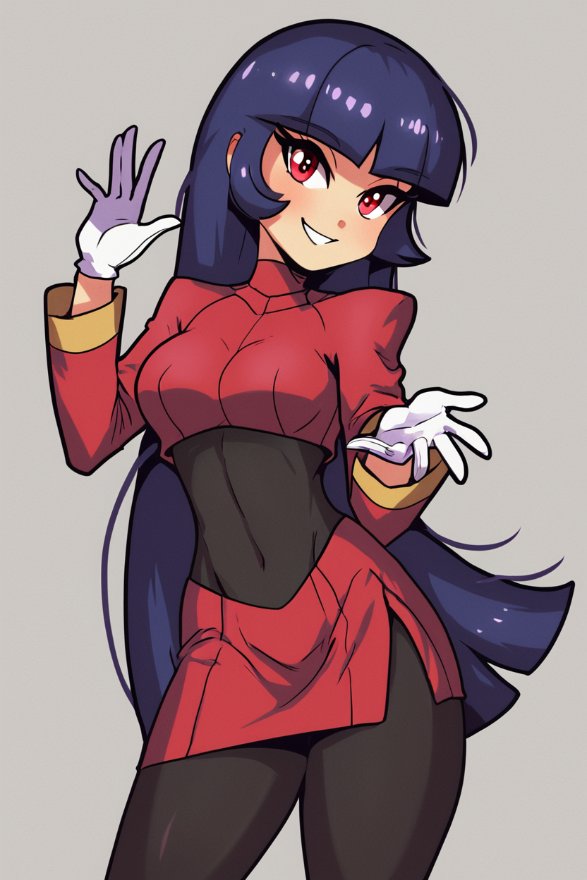 score_9, score_8_up, score_8, medium breasts, (curvy), cute, eyelashes,       BREAK, , ,,,   zzSabrina, red eyes, long hair, blunt bangs, sabrina (pokemon), purple hair, pantyhose, black hair, long sleeves, red skirt,  white gloves, black bodysuit,  ,<lora:Sabrina_Pokemon_PDXL:0.8>, ,,, , BREAK, smile, looking at viewer, cowboy shot, ,,, embedding:zPDXL, <lora:theButcherXPDXL:0.8>,