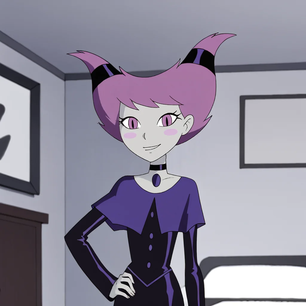 <lora:jinxteentitans_pony_v1:.9> Jinx, 1girl, purple eyes, purple hair, choker, horns, blush stickers, short hair, colored skin, dress, bedroom
