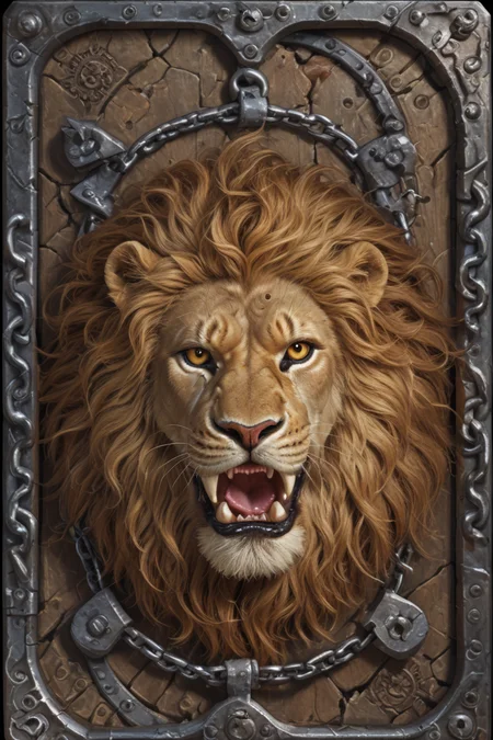 score_9,score_8_up,score_7_up,
hyper-detailed, masterpiece, best quality,realistic details,
cards, tarot, graphic border, illustrative, obsidian, skeuomorphism, detailed, upper body, yellow lion, wild, open mouth, iron chain,
fantasy classic,
<lora:sdxl_lightning_8step_lora:1>
<lora:DM_CB:1>