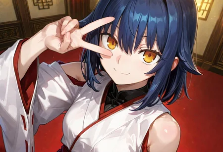 score_8, score_8_up, score_9, femboy, ((Amber Eyes)), very small breasts, dark blue hair, huge butt, huge thighs,((medium hair)), BRAEK ((very much long sidelocks)), hair intakes, fair skin, very short stature, curvy, small build, lower eyelashes, innocence, Masterpiece, top quality, ((high resolution)), very detailed eyes, very aesthetic, very detailed hair, ((FGO)), anime style, solo, standing, upturned eyes, smile, happy, one v over eye, <lora:ciel_ill_10:0.8> <lora:EL3GY-V13:0.9>, hakama long skirt, nontraditional miko, Shoulder cutout, upper body, Light close-up on the face,