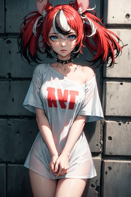 best quality, intricate details, chromatic aberration,
1girl, hakos baelz, messy hair, red hair, black and white highlights, blue eyes, sharp eyes,<lora:hakos baelz:0.8>
choker, brick wall, graffiti, dim lighting, alley
(oversized shirt:1.2),off shoulder,<lora:oversizedShirt_v10:1>
(see-through silhouette:1.2), see-through, oversized white shirt, cowboy shot, wind lift,
HyperStylizeV6, <lora:epiNoiseoffset_v2:0.8>
