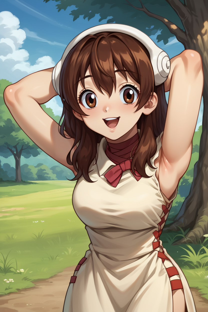 score_9, score_8_up, score_7_up, score_6_up, source_anime, BREAK 1girl, solo,  <lora:dsyuzu-pdxl-nvwls-v1-000005:1> dsyuzu, brown hair, brown eyes, headphones, shorthair, red choker, beige dress, sleeveless, arms behind head, happy, open mouth, blue sky, trees
