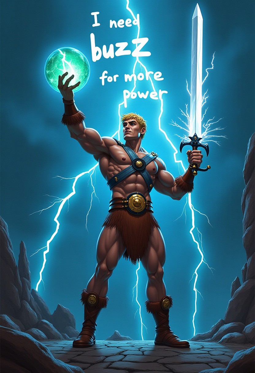 the lightning bolts in the sky form words that say "I need buzz for more power", lightning bolts falling on he-man and emanating white light with rays through his body,night background,black eyes,thick eyebrows,he-man,sword,power sword,lightning,1boy,muscular male,dark skin male,blonde hair, short hair,huge muscular body,he-man dressed in a metal battle harness and a leather loincloth and brown boots and golden munequeras, standing on a stone floor and behind him is Castle Grayskull while he raises with his right hand the power sword while a lightning bolt falls on the sword from the sky, cloudy sky, masters of the universe, castle, castle grayskull, words in the sky written with lightning bolts that say "I need buzz for more power", powerful,In his left hand a transparent green ball with a lightning bolt inside it, green sphere